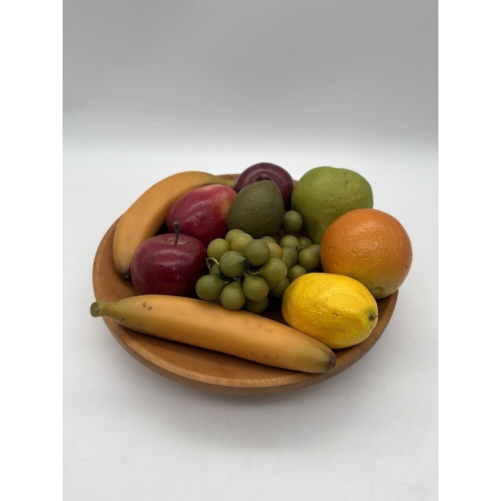 Decorative Faux Fruit Arrangement in Hand-Carved Wooden Bowl